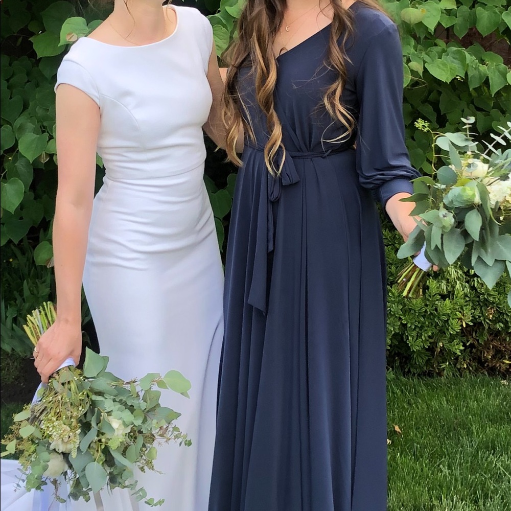 Navy Blue Formal Floor Length Wrap Dress